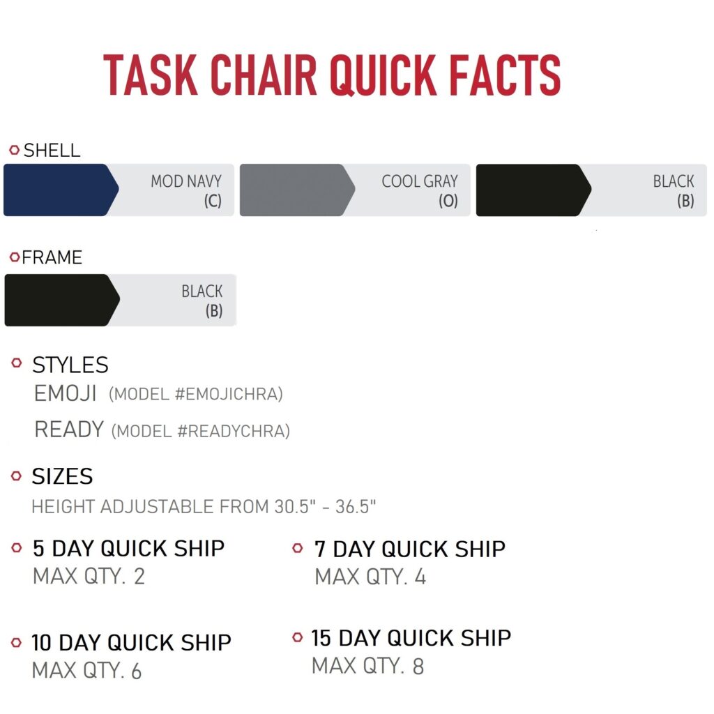 EMOJI & READY TASK CHAIRS QUICK SHIP FACTS - PARAGON FURNITURE