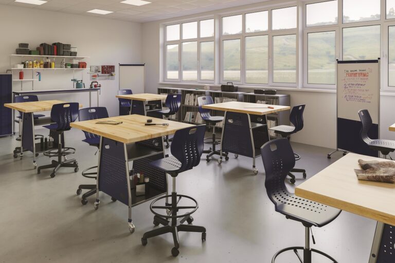 School makerspace classroom with maker tables and mobile storage