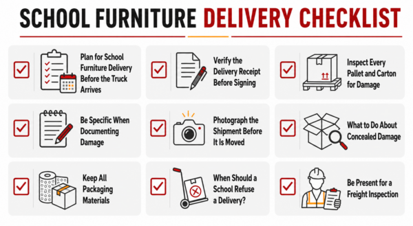 School furniture delivery checklist covering preparation, inspection, damage documentation and freight claims