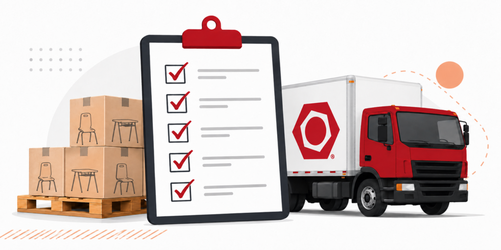 Paragon school furniture delivery checklist with truck, student desks and chairs