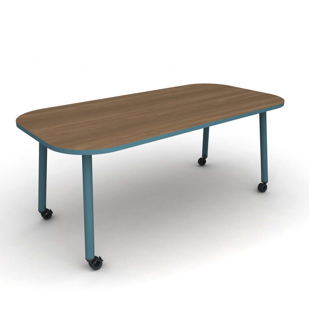 Cycle® rectangular community table with rounded corners for group learning. Lake trim and Walnut top