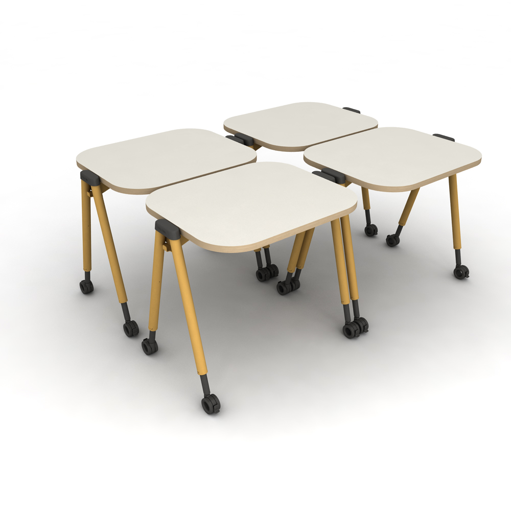 Four Cycle® Flip Top Student desks in position for study in Amber, Grey and woodgrain top