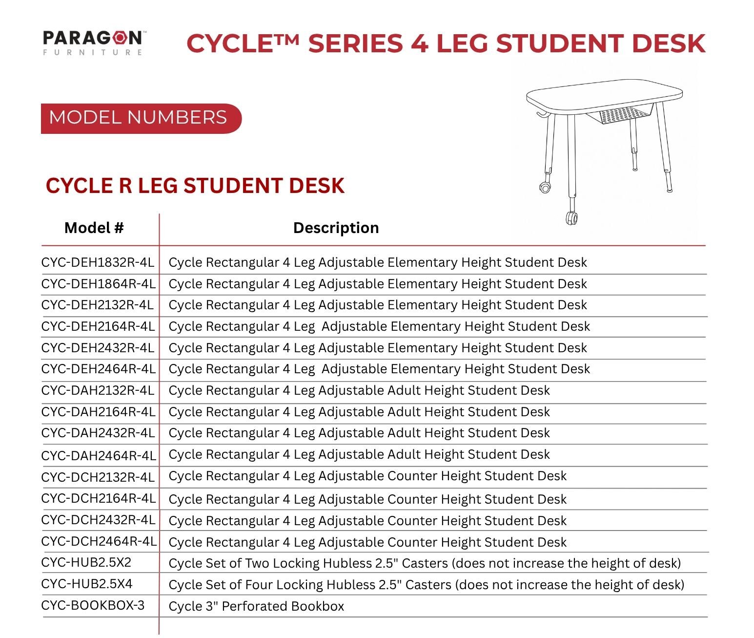 Cycle® 4-Leg Student Desk Models Numbers