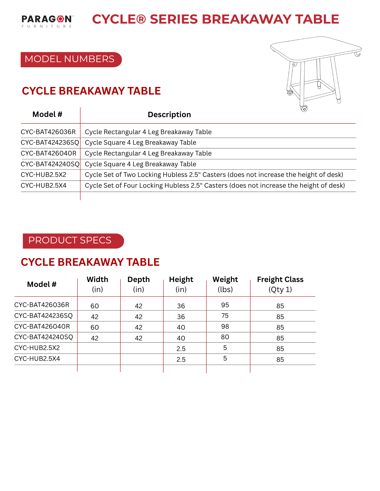 Cycle® Breakaway Table Model Numbers and Product Specs