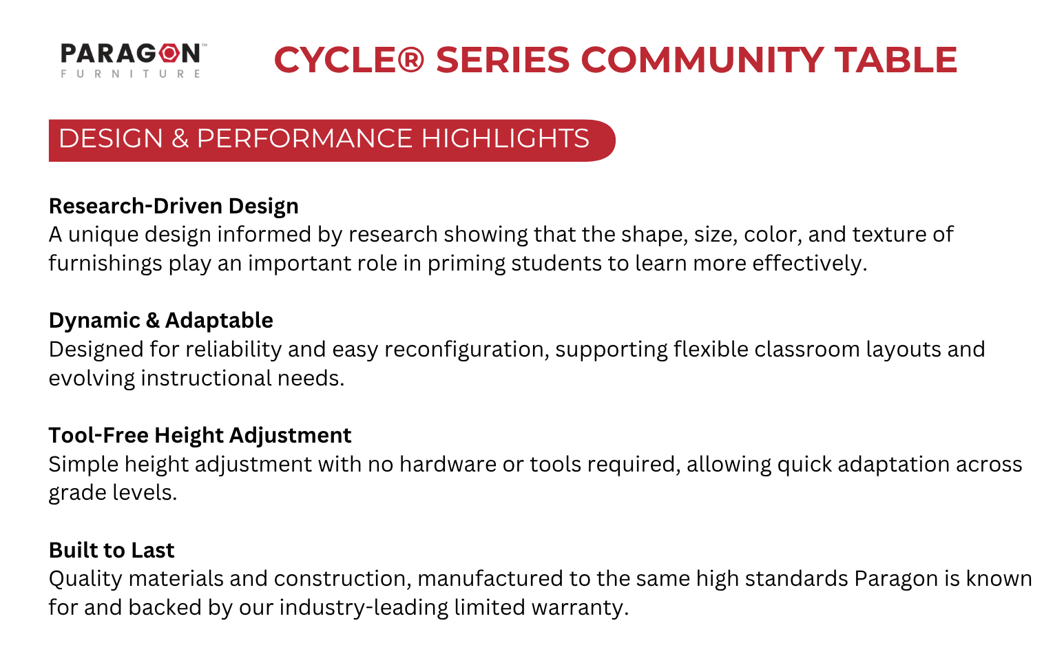 Cycle® Community Table Design and Performance Highlights