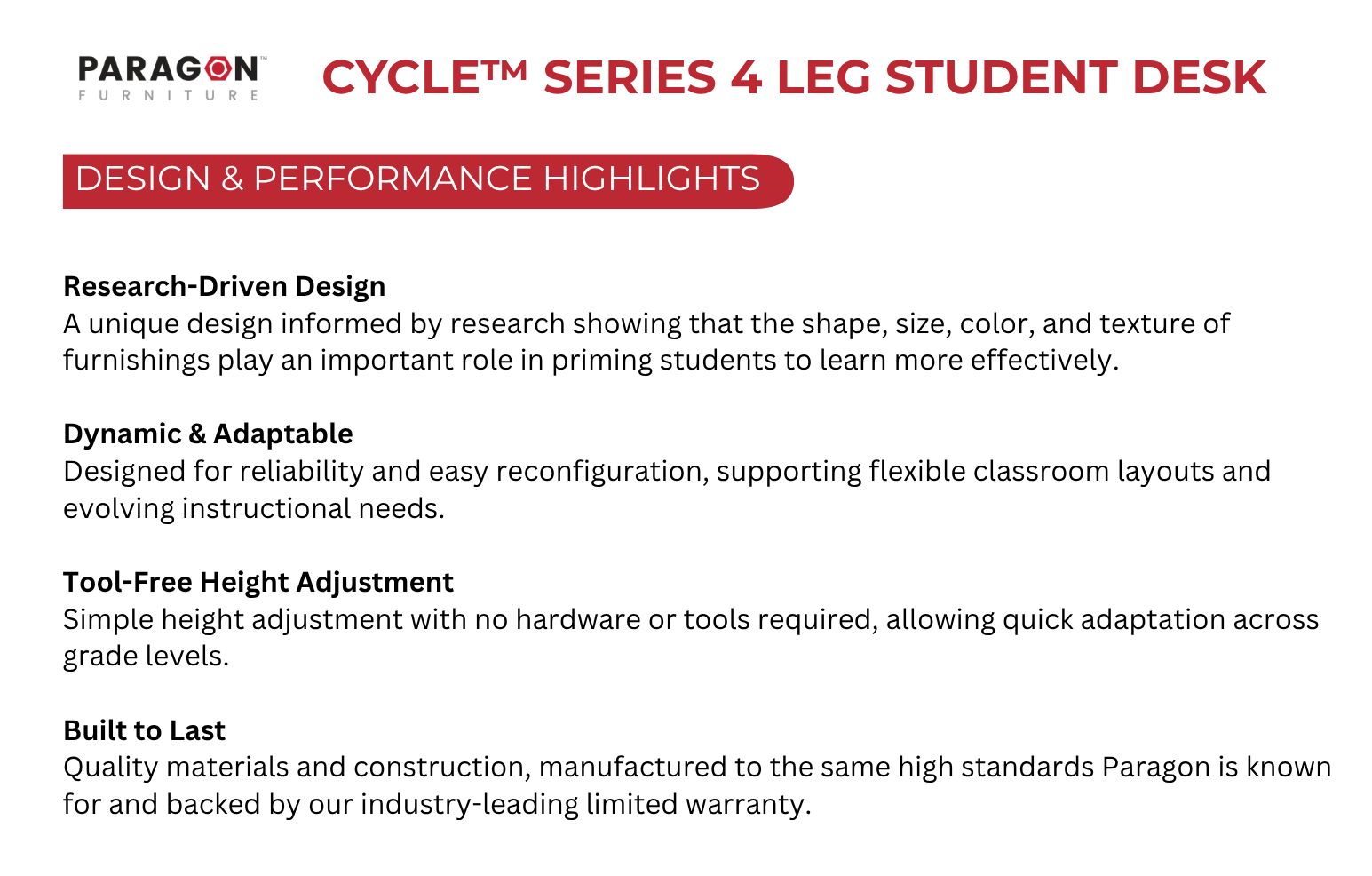 Cycle® 4-Leg Student Desk Design and Performance Highlights